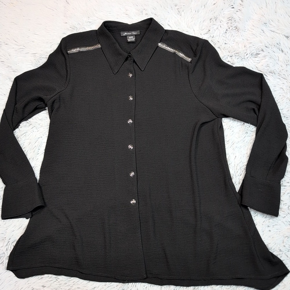 Michael Tyler Shirt Womens M Black Button Up Career Top Casual Studded Comfort‎